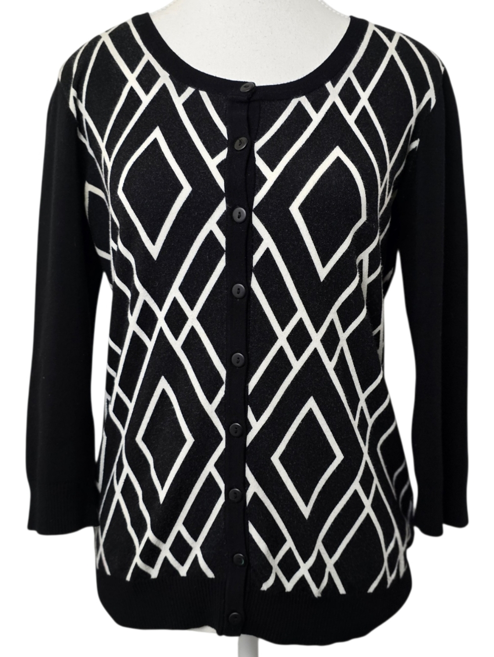Le Chateau Black White Geometric Button Front Cardigan Sweater Womens Knit, Sz M